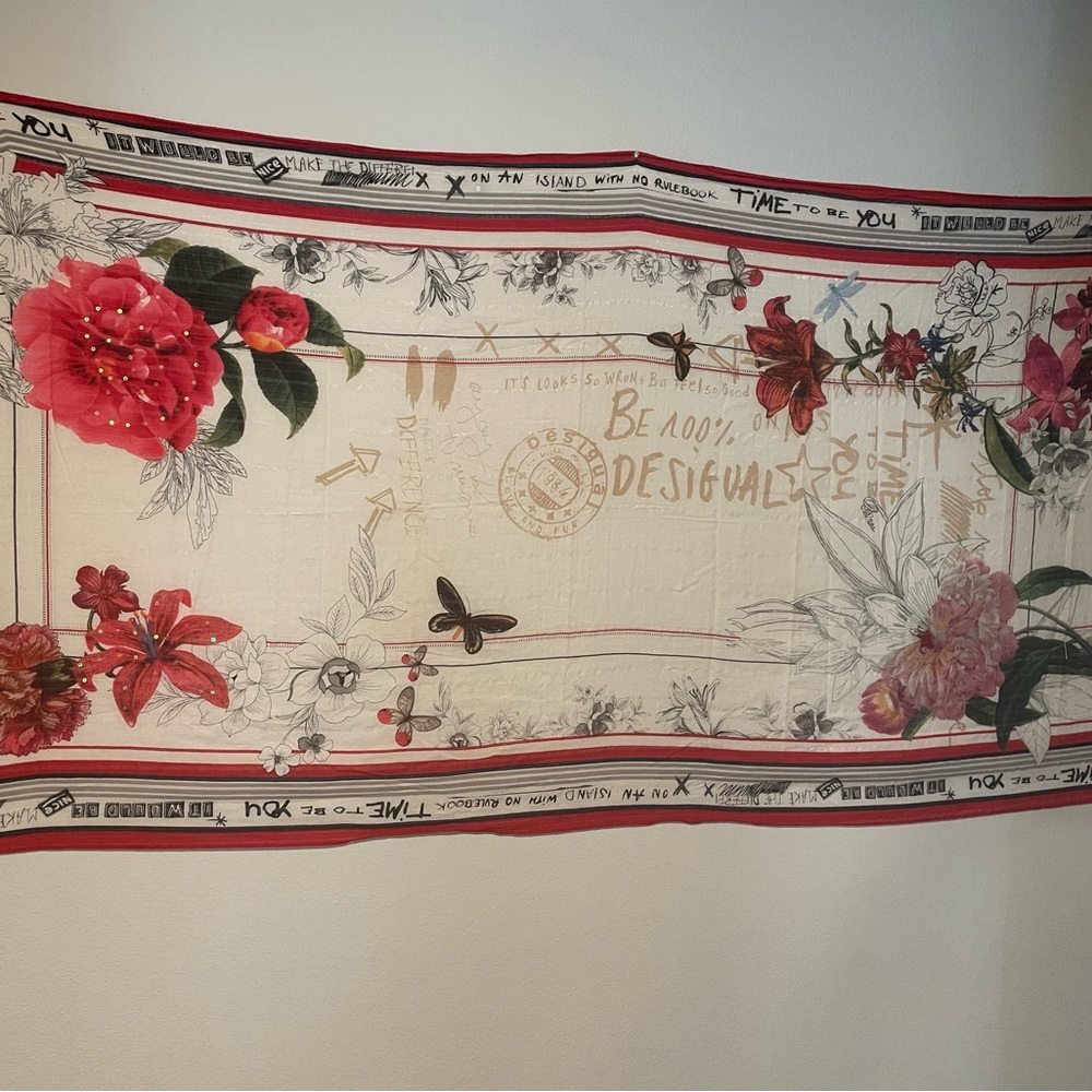 Desigual Red and cream Floral Scarf